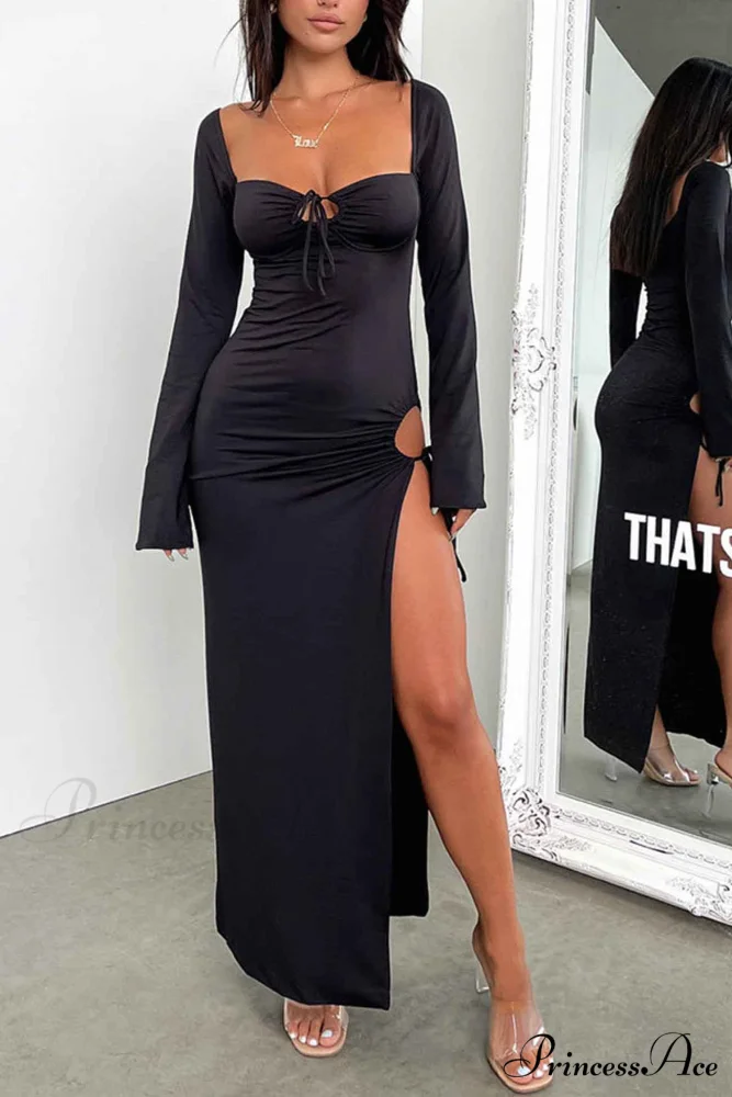Lace Up Hollow Out Slit Dress with Long Sleeves - Image 8