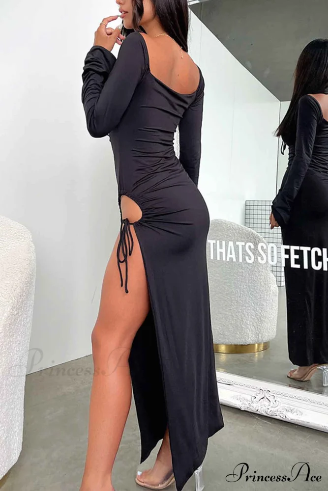 Lace Up Hollow Out Slit Dress with Long Sleeves - Image 9