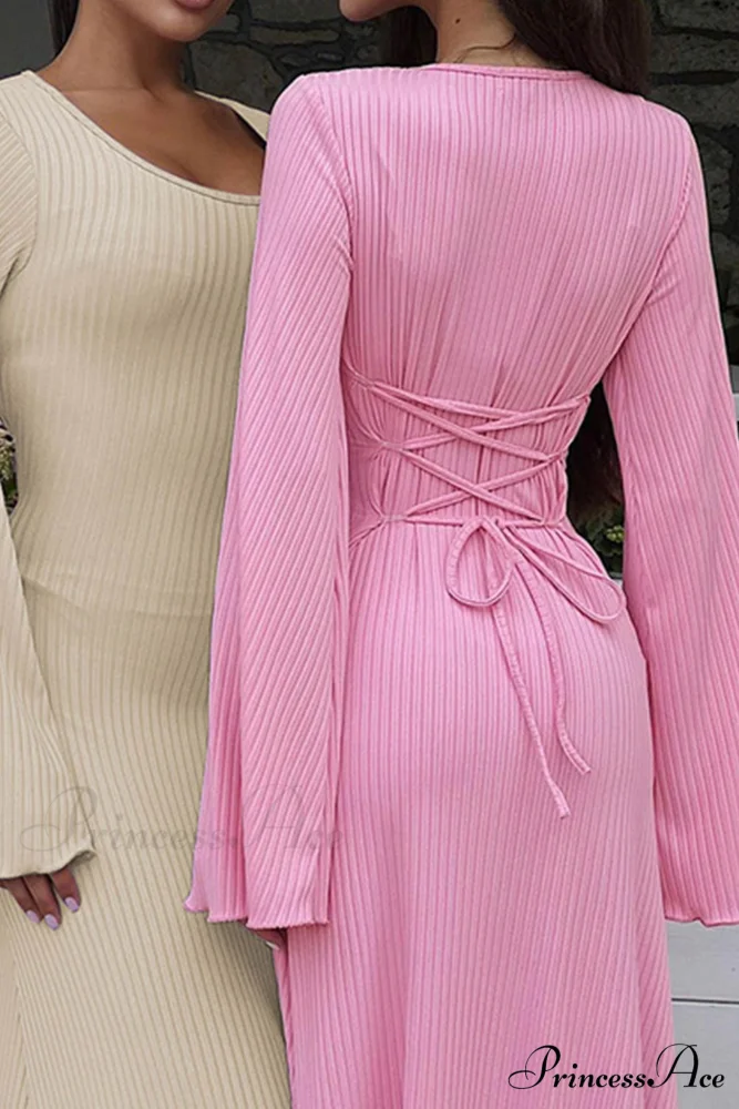 Ribbed Flares Sleeve Dress with Tie-back - Image 11