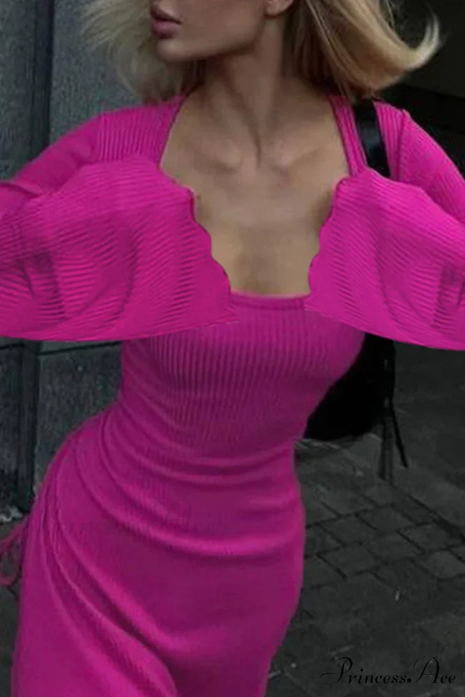 Ribbed Flares Sleeve Dress with Tie-back - Image 3