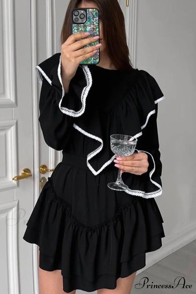 Ruffle Neck Lacework A-line Dress - Image 2