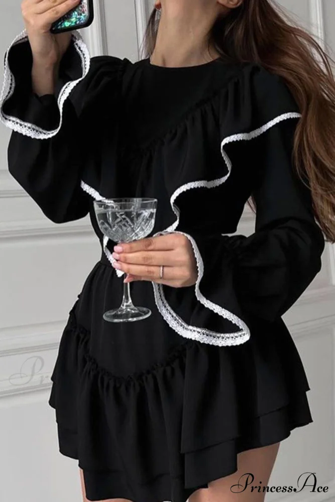 Ruffle Neck Lacework A-line Dress - Image 4