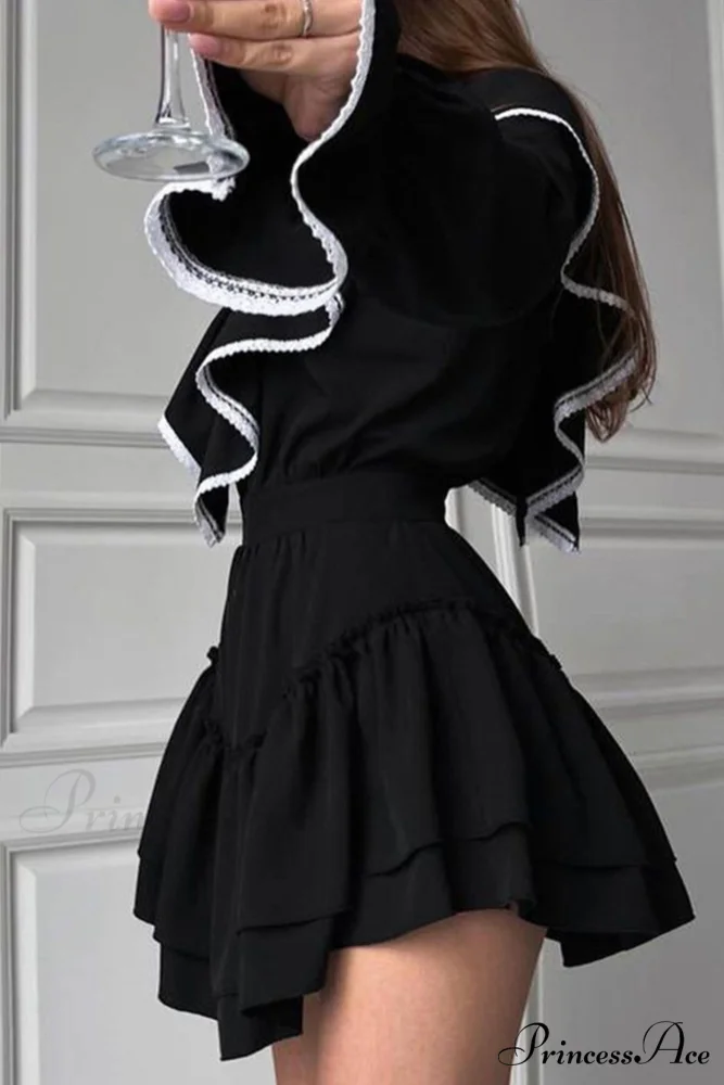 Ruffle Neck Lacework A-line Dress - Image 5