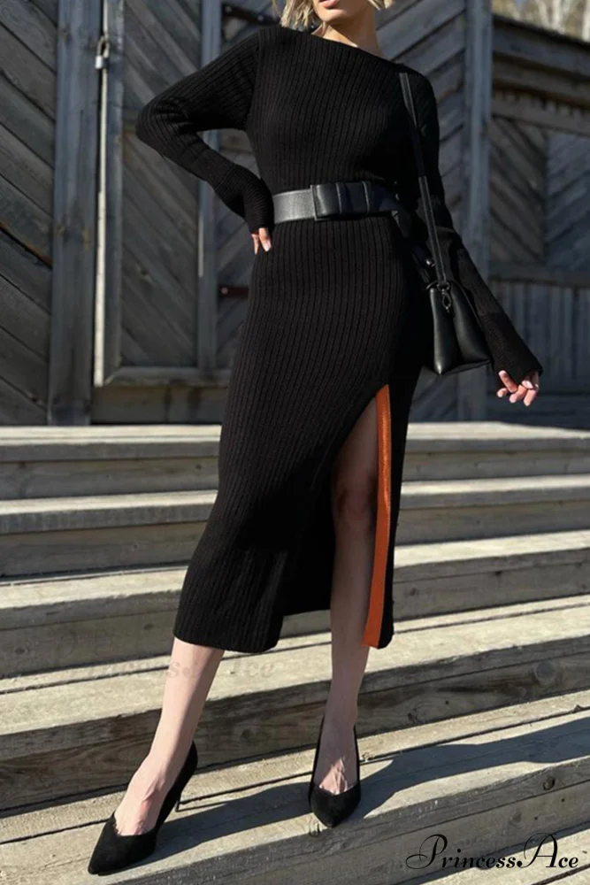Ribbed Knit Side Slit Dress with Contrast - Image 7