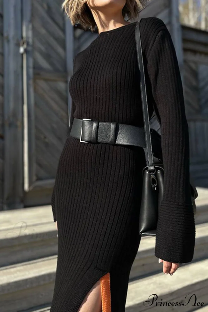 Ribbed Knit Side Slit Dress with Contrast - Image 9