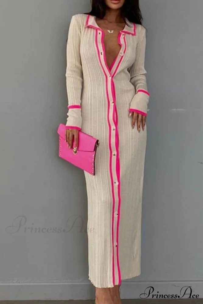 Contrast Ribbed Dress with Lapel - Image 2