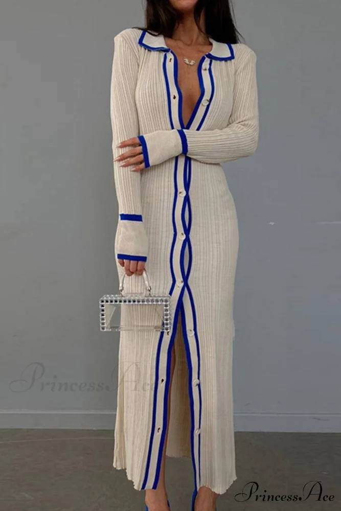 Contrast Ribbed Dress with Lapel - Image 3