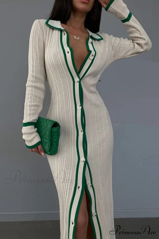 Contrast Ribbed Dress with Lapel - Image 4