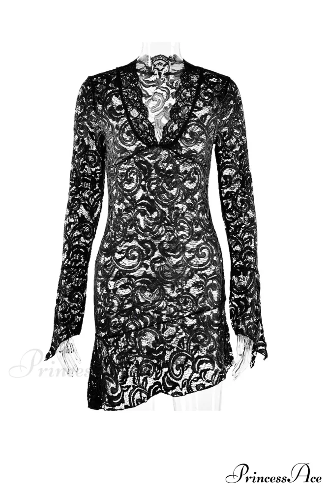 V Neck Flares Sleeve Lace Dress - Image 15