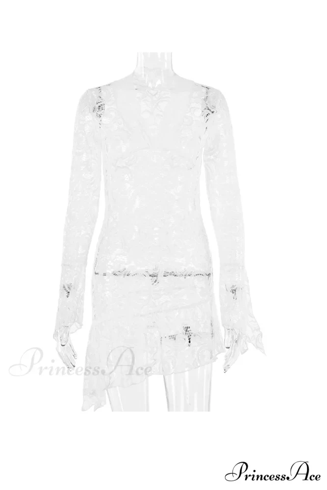 V Neck Flares Sleeve Lace Dress - Image 16