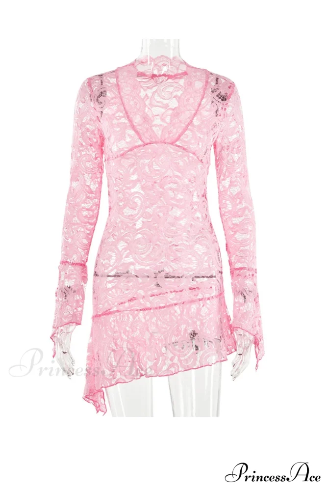V Neck Flares Sleeve Lace Dress - Image 6
