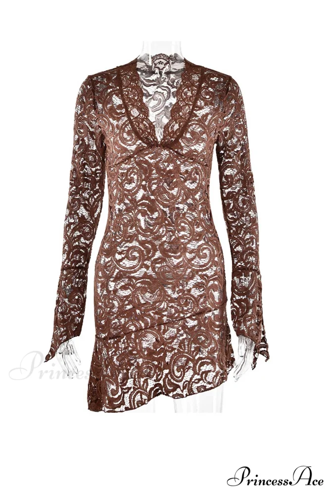 V Neck Flares Sleeve Lace Dress - Image 9