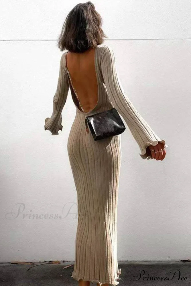 Ribbed Knit Dress with Long Flare Sleeves and Backless Design - Image 2