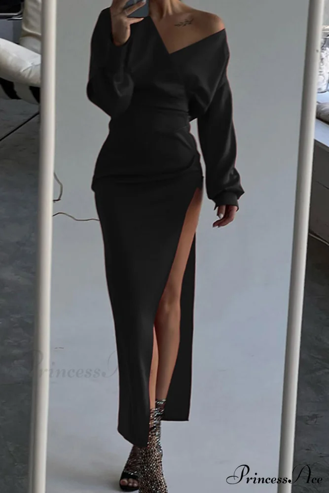 Off Shoulder Satin Dress with Gathered Silt - Image 11