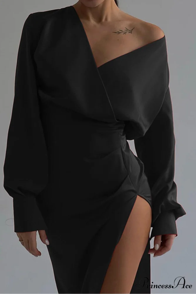 Off Shoulder Satin Dress with Gathered Silt - Image 13