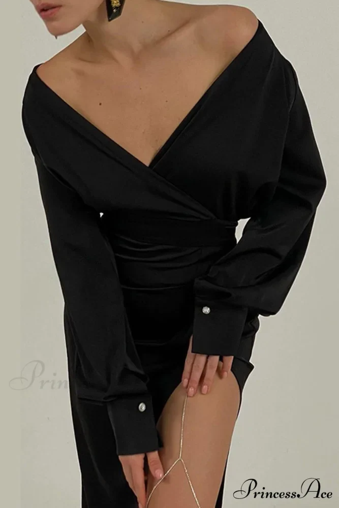 Off Shoulder Satin Dress with Gathered Silt - Image 14