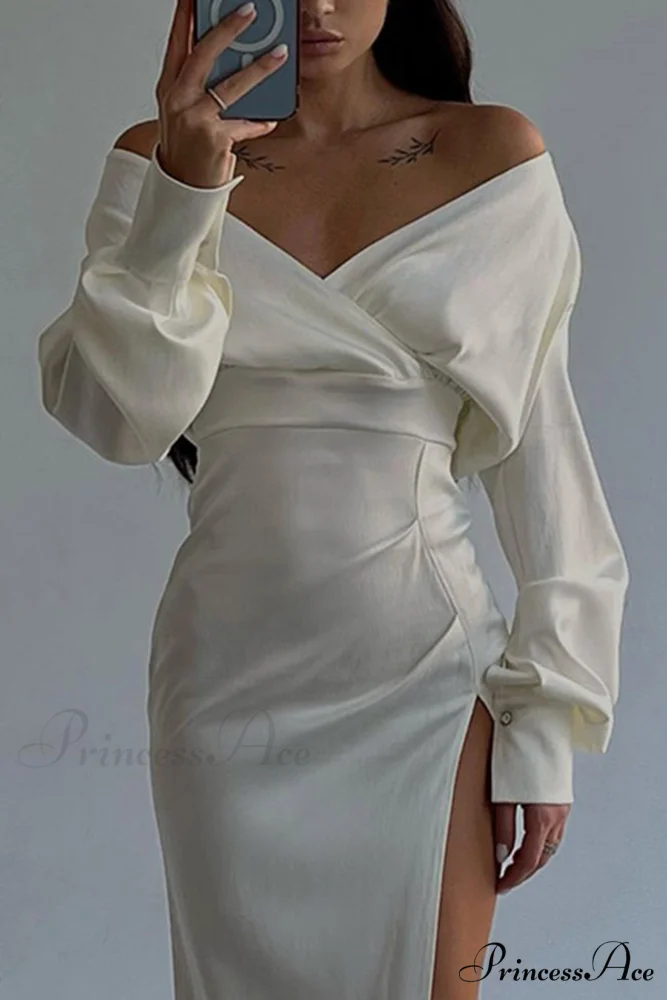 Off Shoulder Satin Dress with Gathered Silt - Image 3