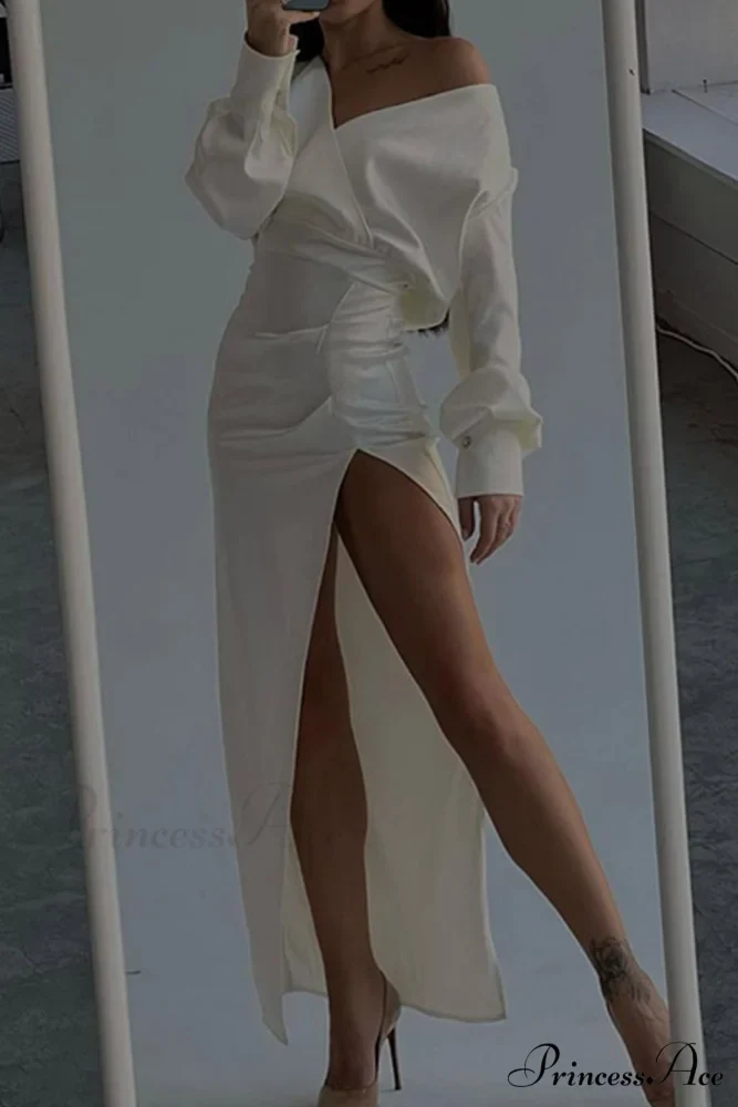 Off Shoulder Satin Dress with Gathered Silt - Image 4