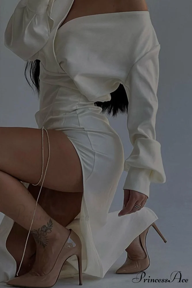 Off Shoulder Satin Dress with Gathered Silt - Image 5