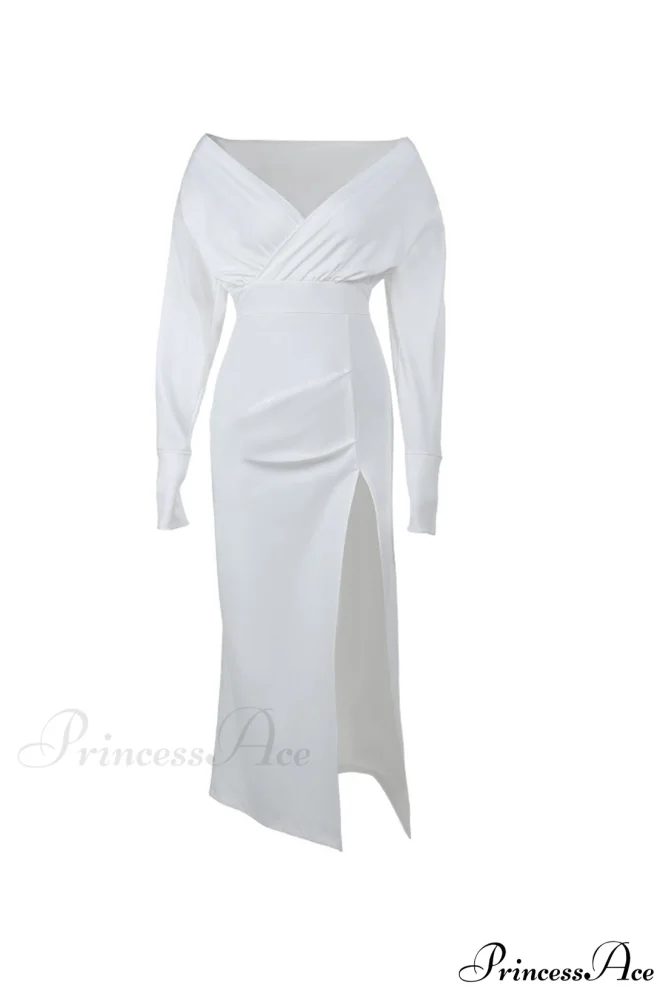 Off Shoulder Satin Dress with Gathered Silt - Image 7