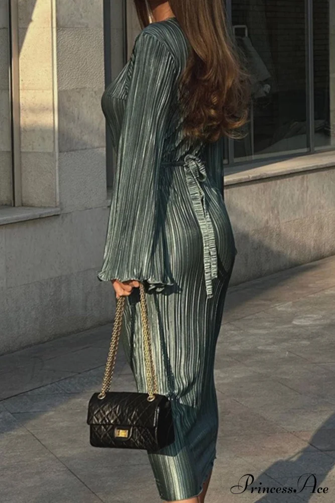 Long Sleeve Pleated Flares Dress with Tie-waist - Image 11