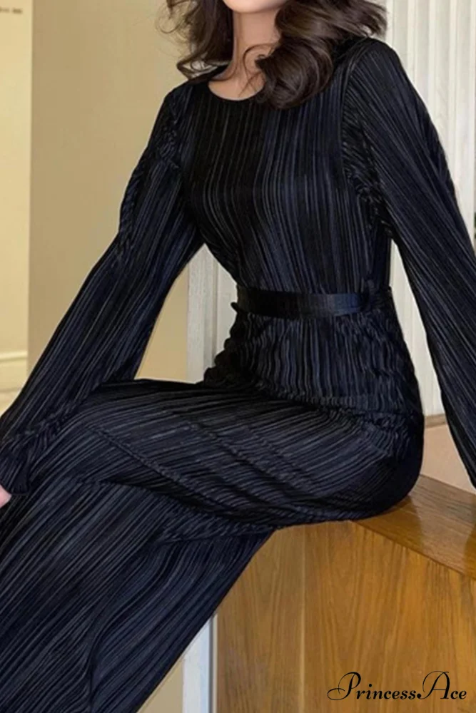 Long Sleeve Pleated Flares Dress with Tie-waist - Image 12