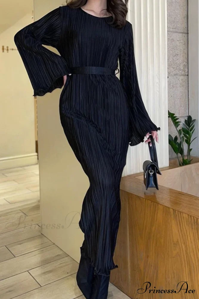 Long Sleeve Pleated Flares Dress with Tie-waist - Image 13