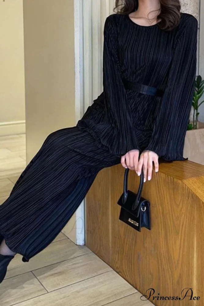 Long Sleeve Pleated Flares Dress with Tie-waist - Image 14