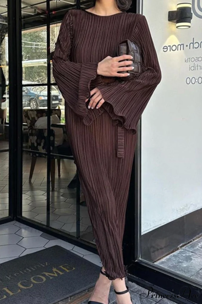 Long Sleeve Pleated Flares Dress with Tie-waist - Image 2