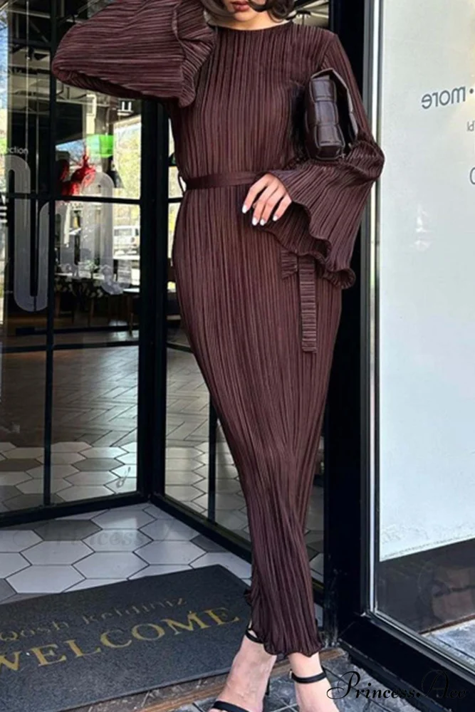 Long Sleeve Pleated Flares Dress with Tie-waist - Image 3