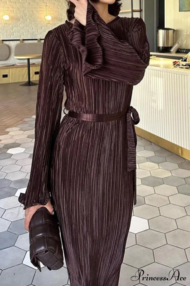 Long Sleeve Pleated Flares Dress with Tie-waist - Image 4