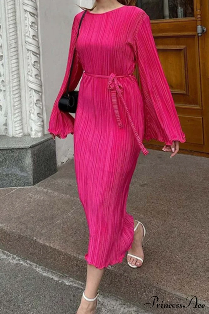 Long Sleeve Pleated Flares Dress with Tie-waist - Image 7