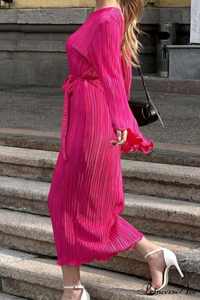 Long Sleeve Pleated Flares Dress with Tie-waist - Image 8