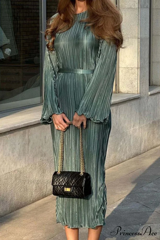 Long Sleeve Pleated Flares Dress with Tie-waist - Image 9