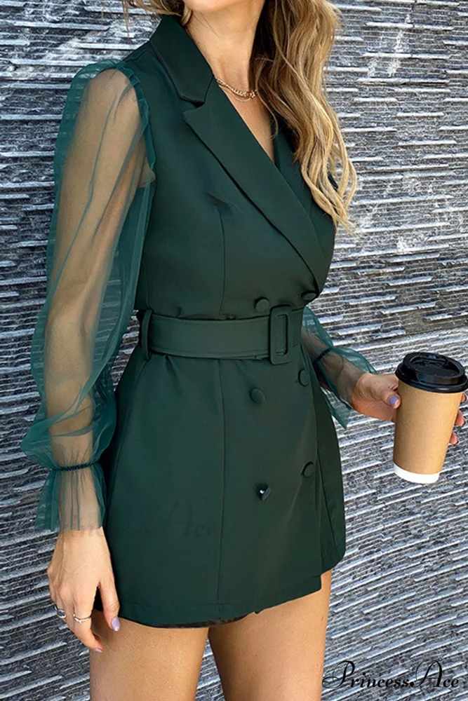 Mesh Sleeves Blazer Dress with Double-breasted Belt - Image 10