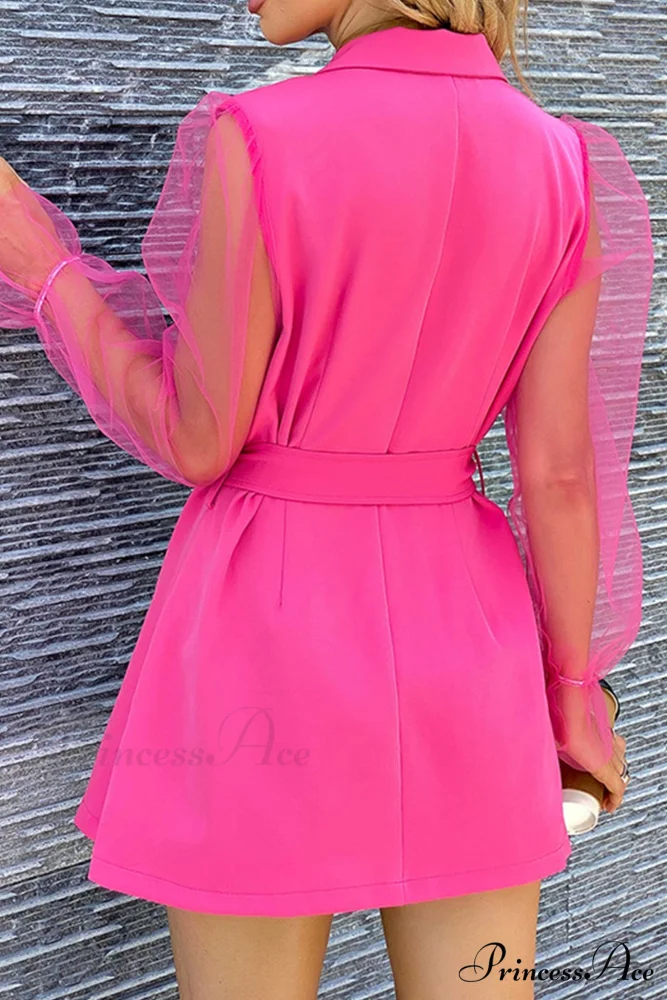Mesh Sleeves Blazer Dress with Double-breasted Belt - Image 3
