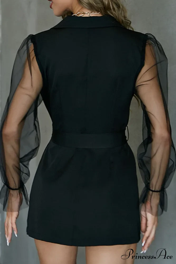 Mesh Sleeves Blazer Dress with Double-breasted Belt - Image 5