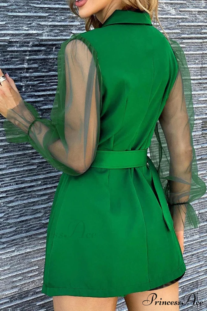 Mesh Sleeves Blazer Dress with Double-breasted Belt - Image 8