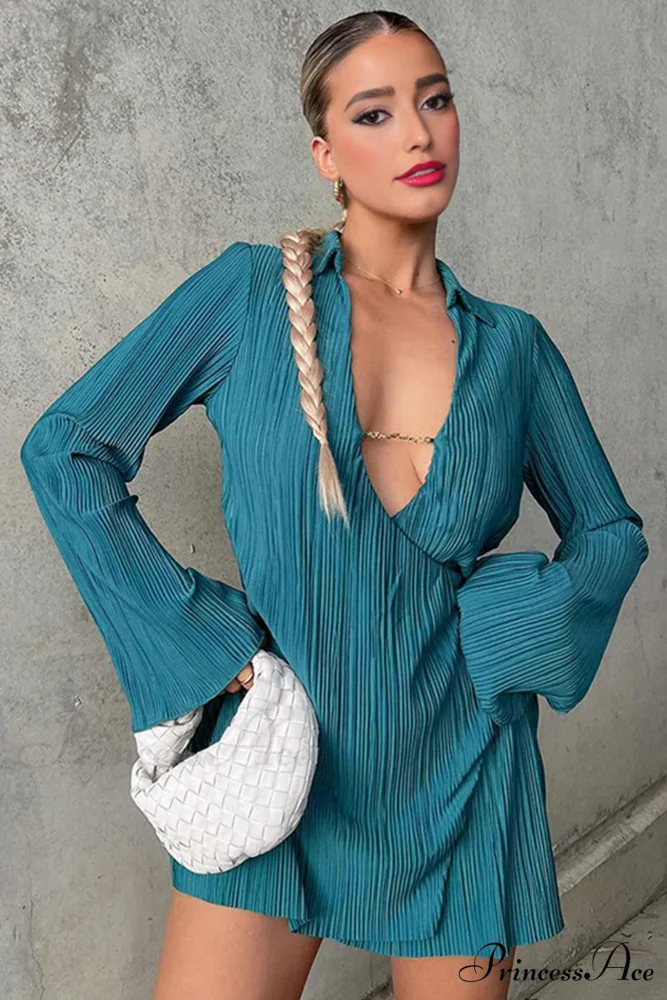 Pleated Lapel Mini Dress with Low Cut - Image 10