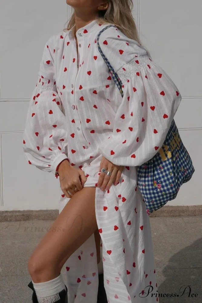Heart Print Puff Sleeve Cotton Dress - Image 2