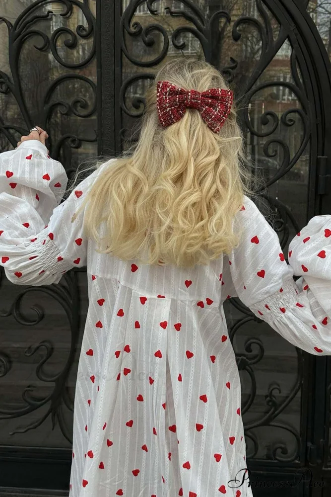 Heart Print Puff Sleeve Cotton Dress - Image 3