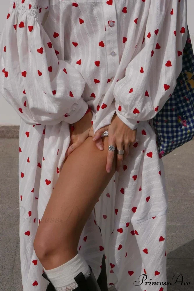 Heart Print Puff Sleeve Cotton Dress - Image 6
