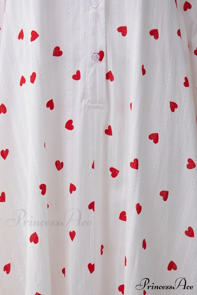 Heart Print Puff Sleeve Cotton Dress - Image 8