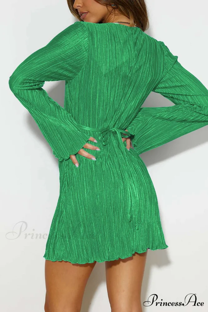Pleated Flares Sleeve Mini Dress with Tie-up - Image 12