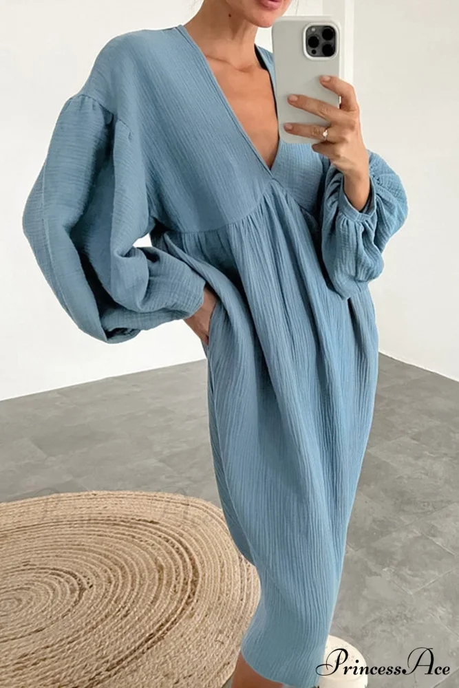Crepe V Neck Puff Sleeve Loose Dress - Image 10