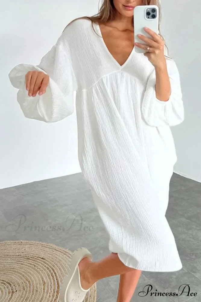 Crepe V Neck Puff Sleeve Loose Dress - Image 11