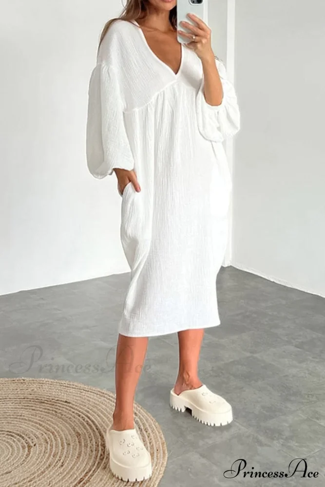 Crepe V Neck Puff Sleeve Loose Dress - Image 12