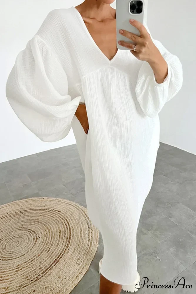 Crepe V Neck Puff Sleeve Loose Dress - Image 13