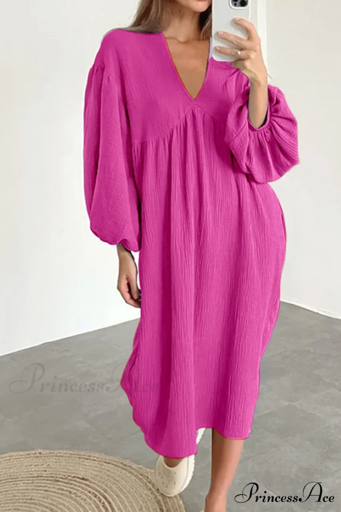 Crepe V Neck Puff Sleeve Loose Dress - Image 14