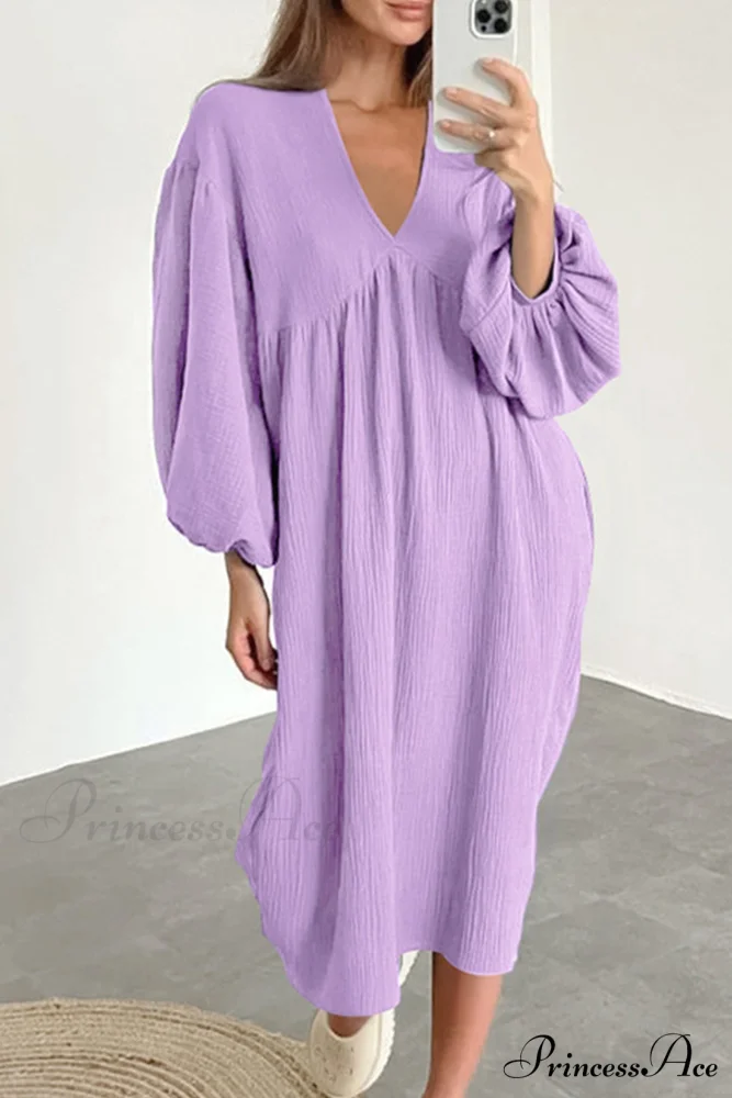 Crepe V Neck Puff Sleeve Loose Dress - Image 15